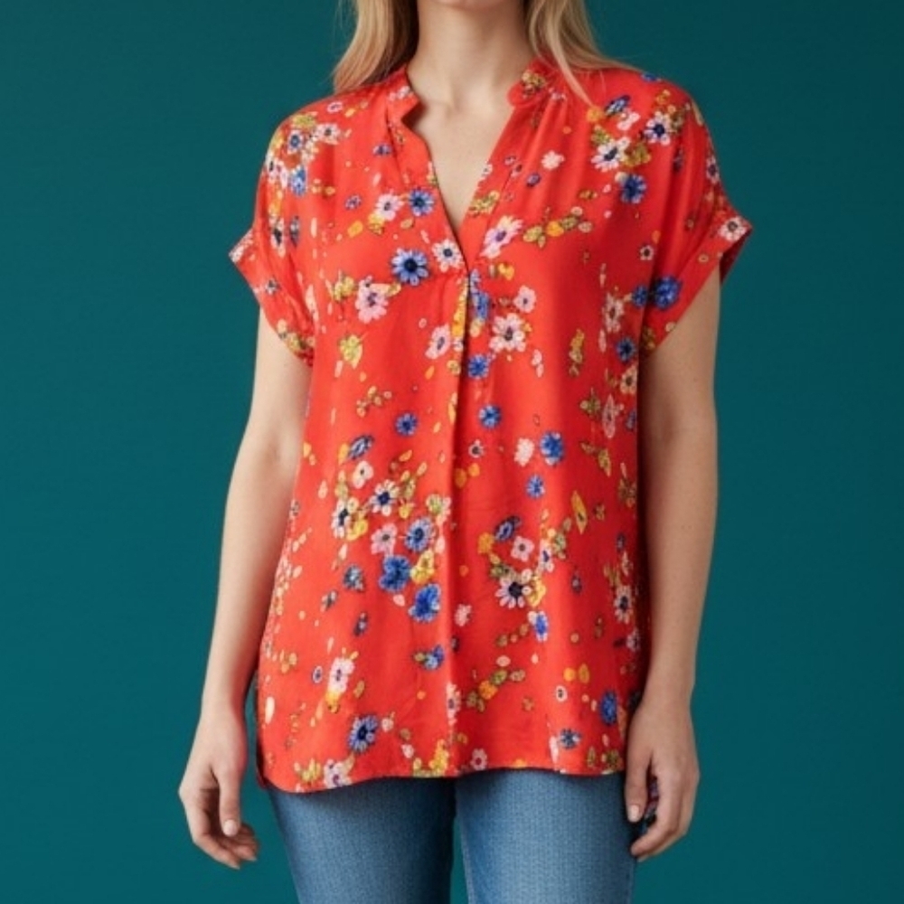 W5 Anthropologie Dark Coral Floral Hi-Low Short Sleeve Blouse